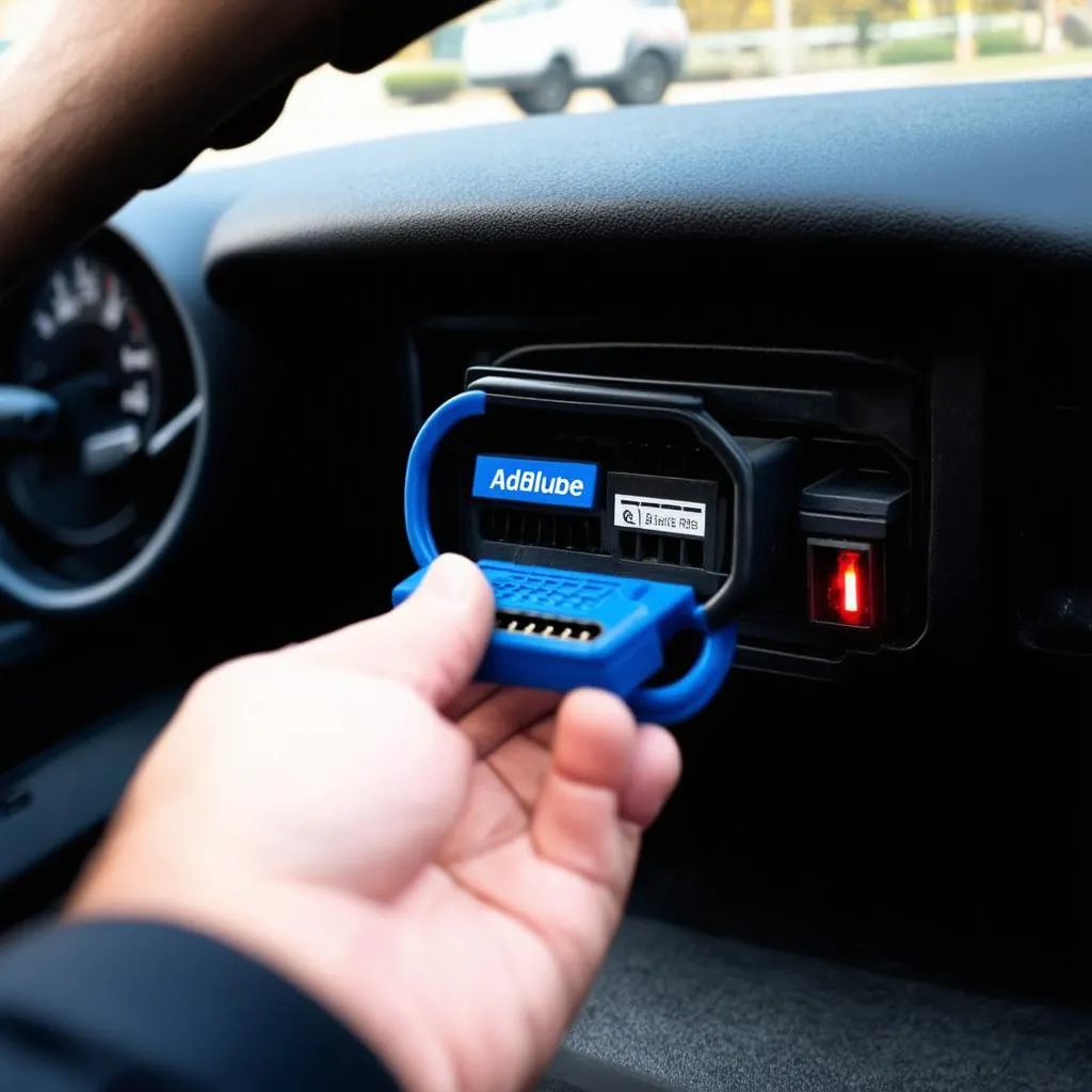 OBD plug being used to diagnose a car's AdBlue system