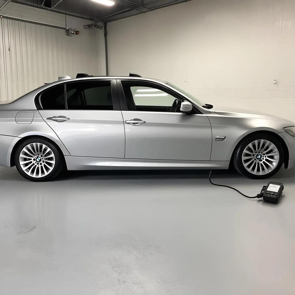 BMW car with an OBD reader plugged in