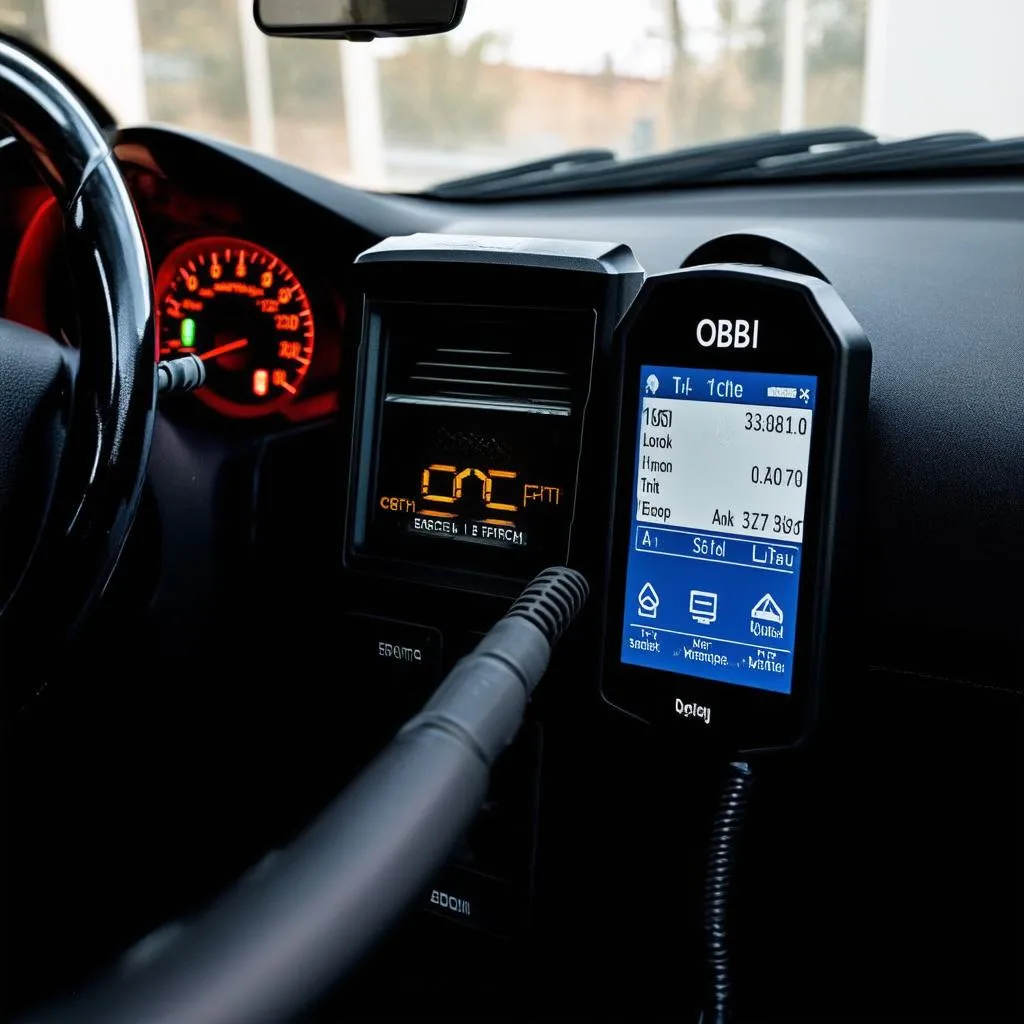 OBD reader connected to a car's dashboard