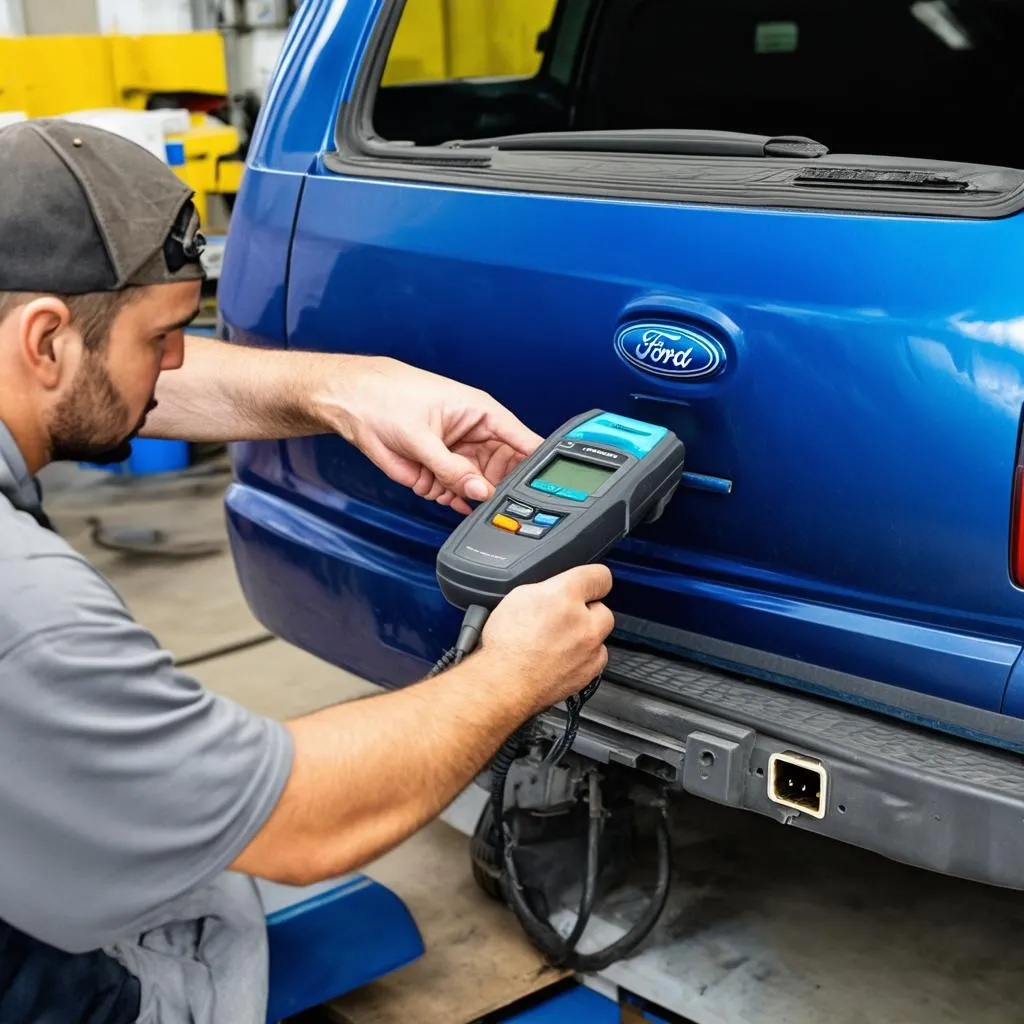 Mechanic using an OBD scanner on a Ford Explorer