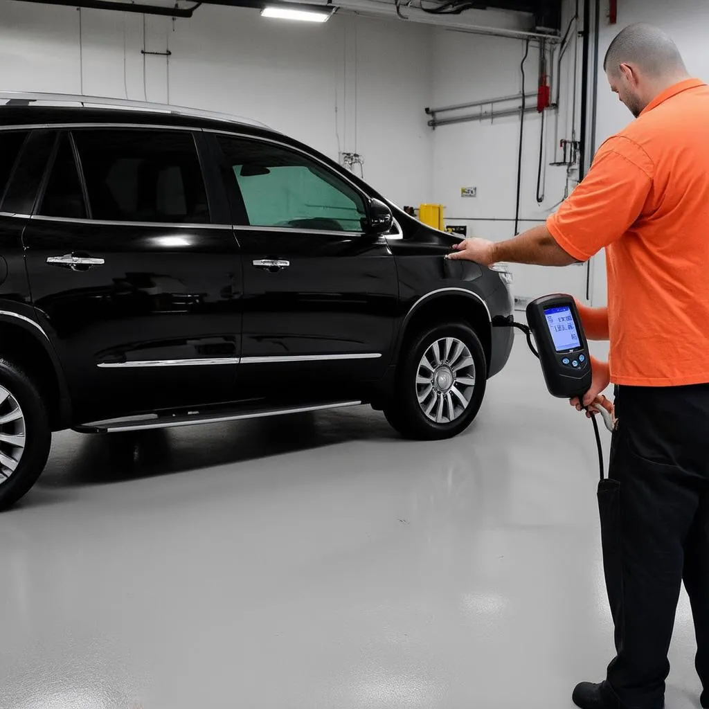 Mechanic using OBD Scanner on Buick Enclave