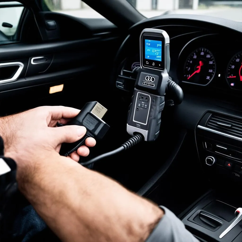 Mechanic connecting a diagnostic tool to an Audi A4 B8