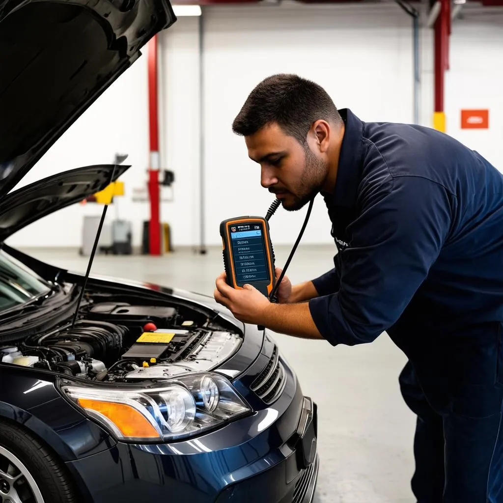 Mechanic using an OBD scanner to diagnose a car engine