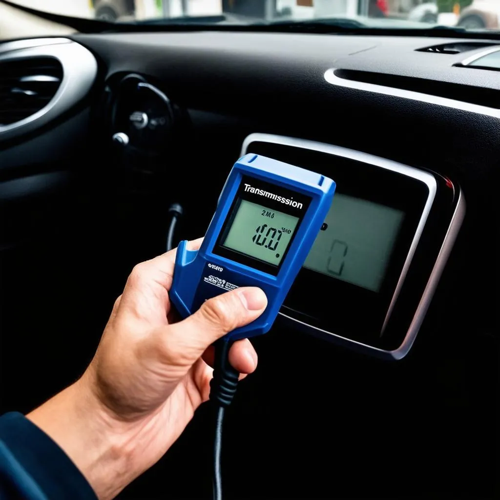 OBD Scanner connected to a car's port, displaying transmission temperature