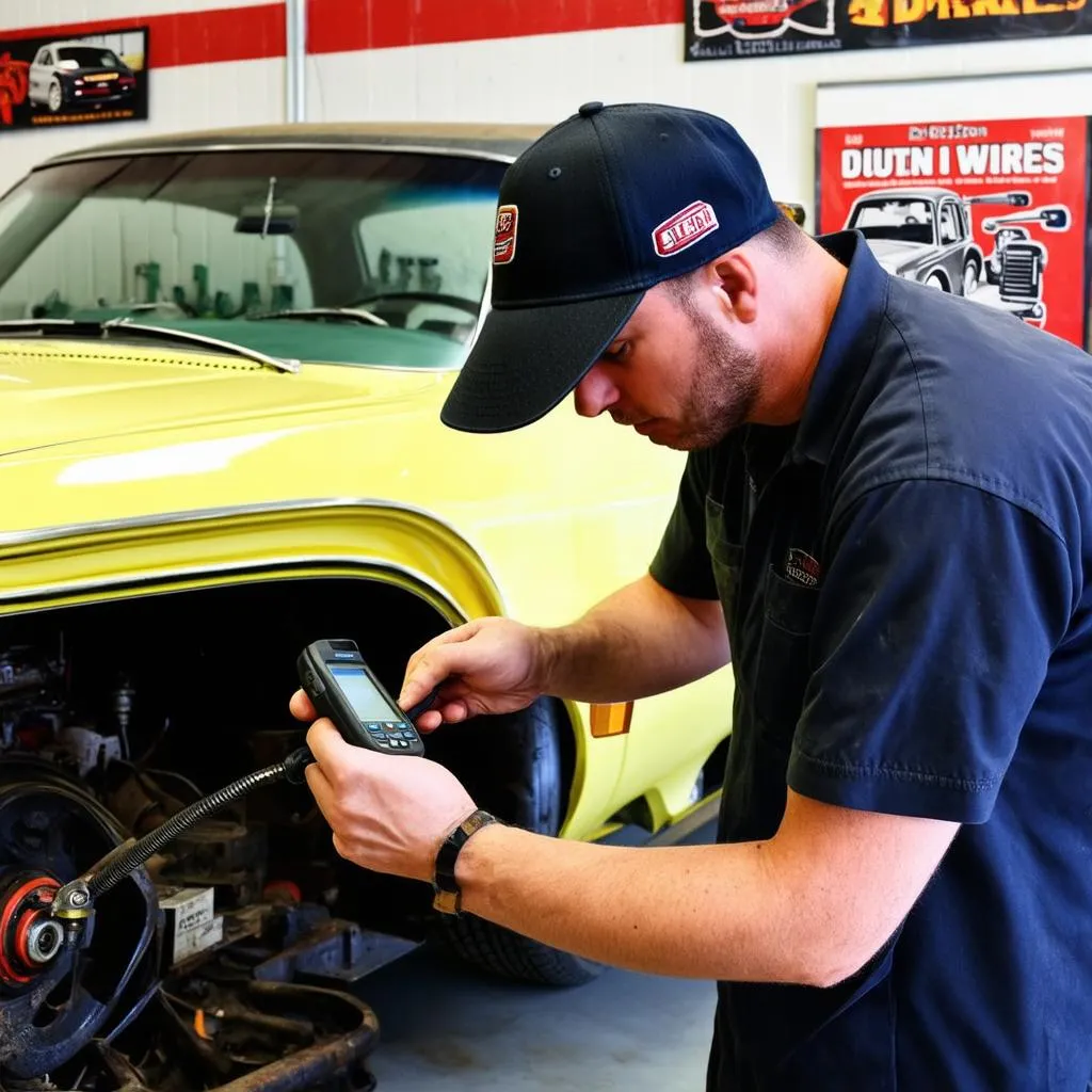 Mechanic Using OBD1 Scanner on a Classic Car