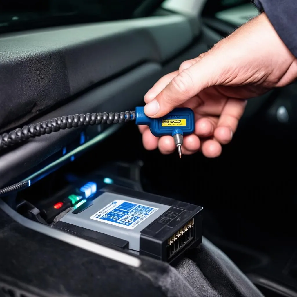 OBD2 scanner plugged into a car's OBD port