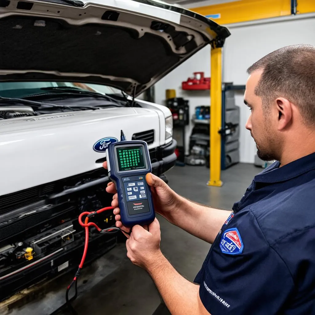 Mechanic Connecting OBD2 Scanner to 1997 Ford F250