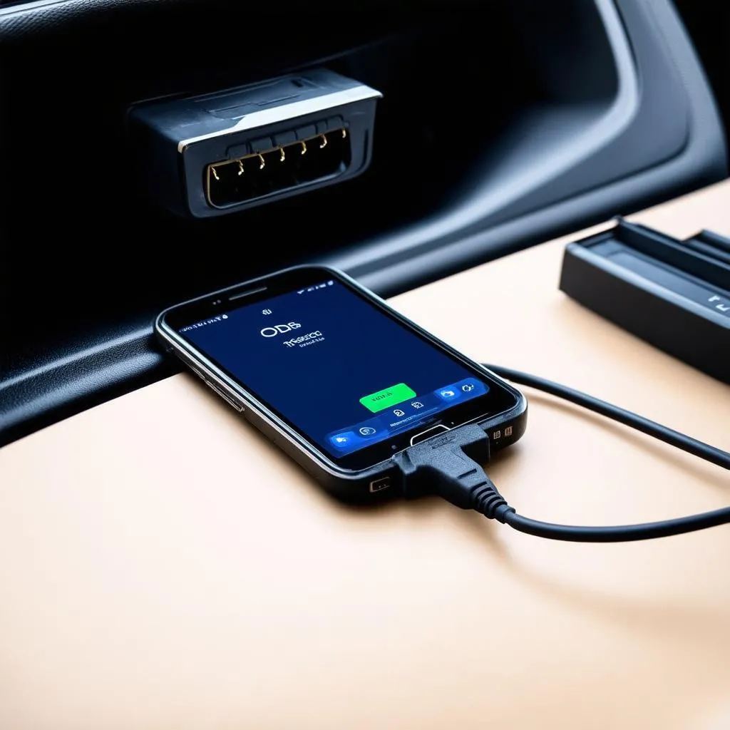 Smartphone plugged into OBD-II port