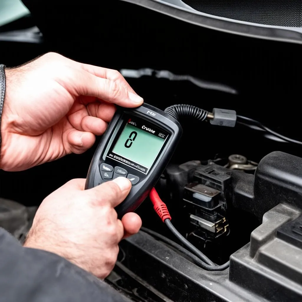 Mechanic plugging an OBD scanner into a PT Cruiser