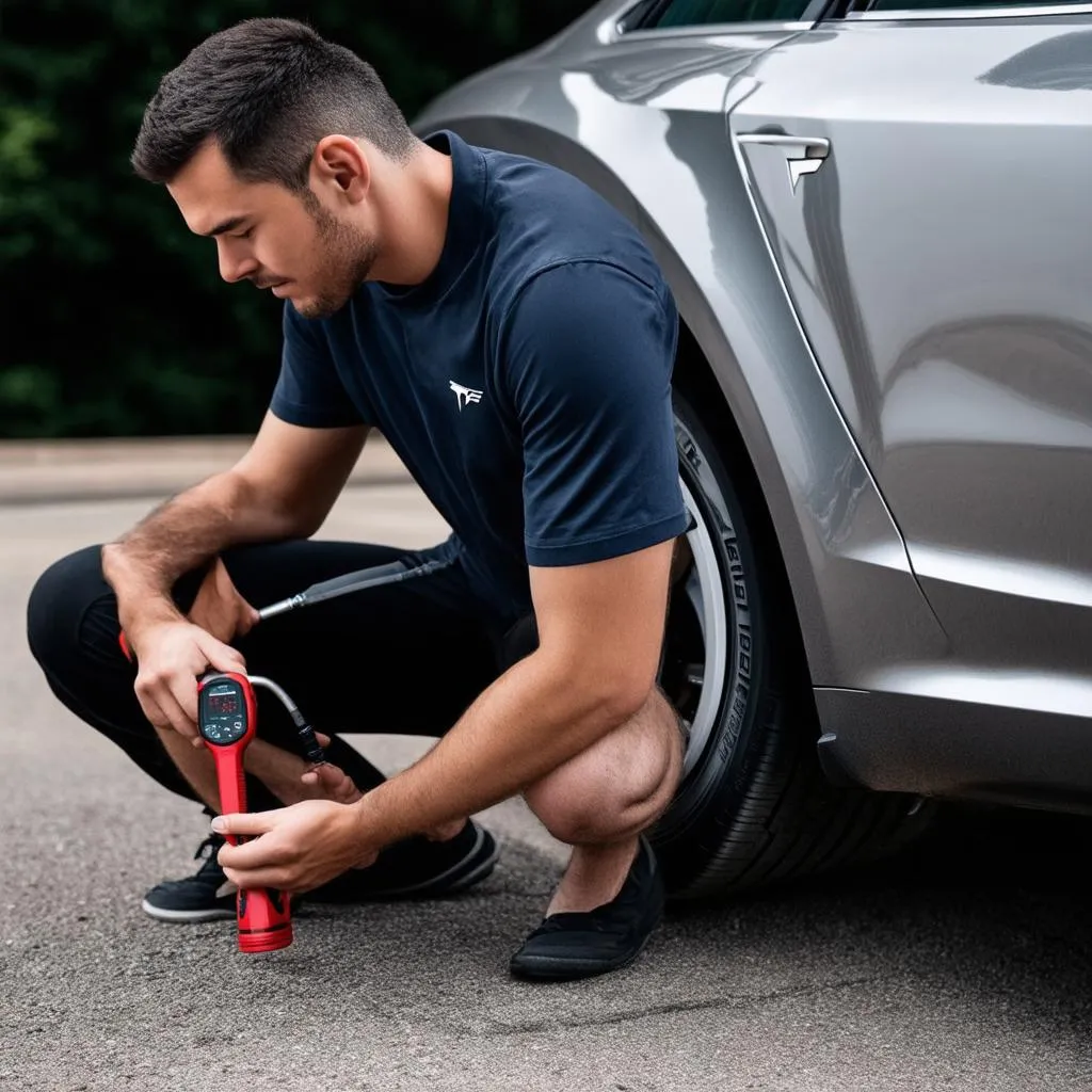 Tesla Owner Checking Tire Pressure