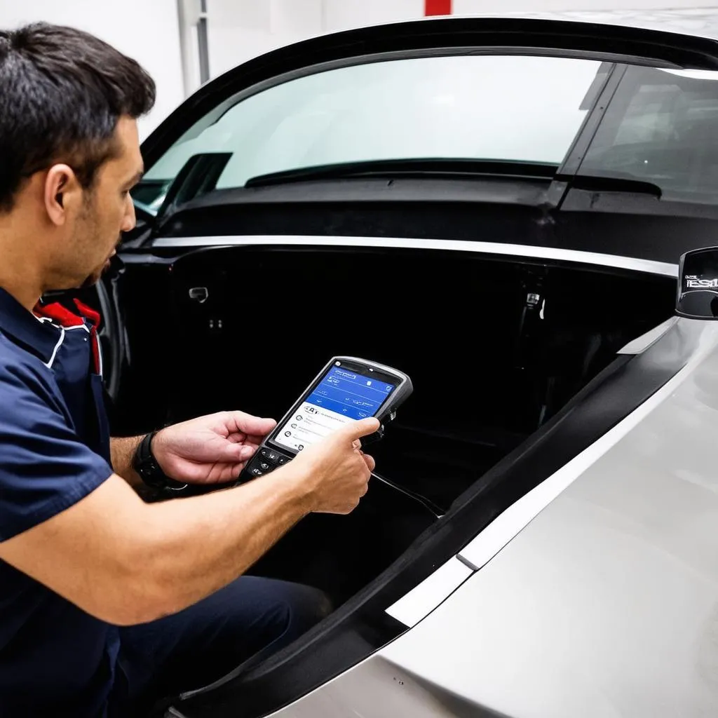 Tesla Technician Performing Diagnostics