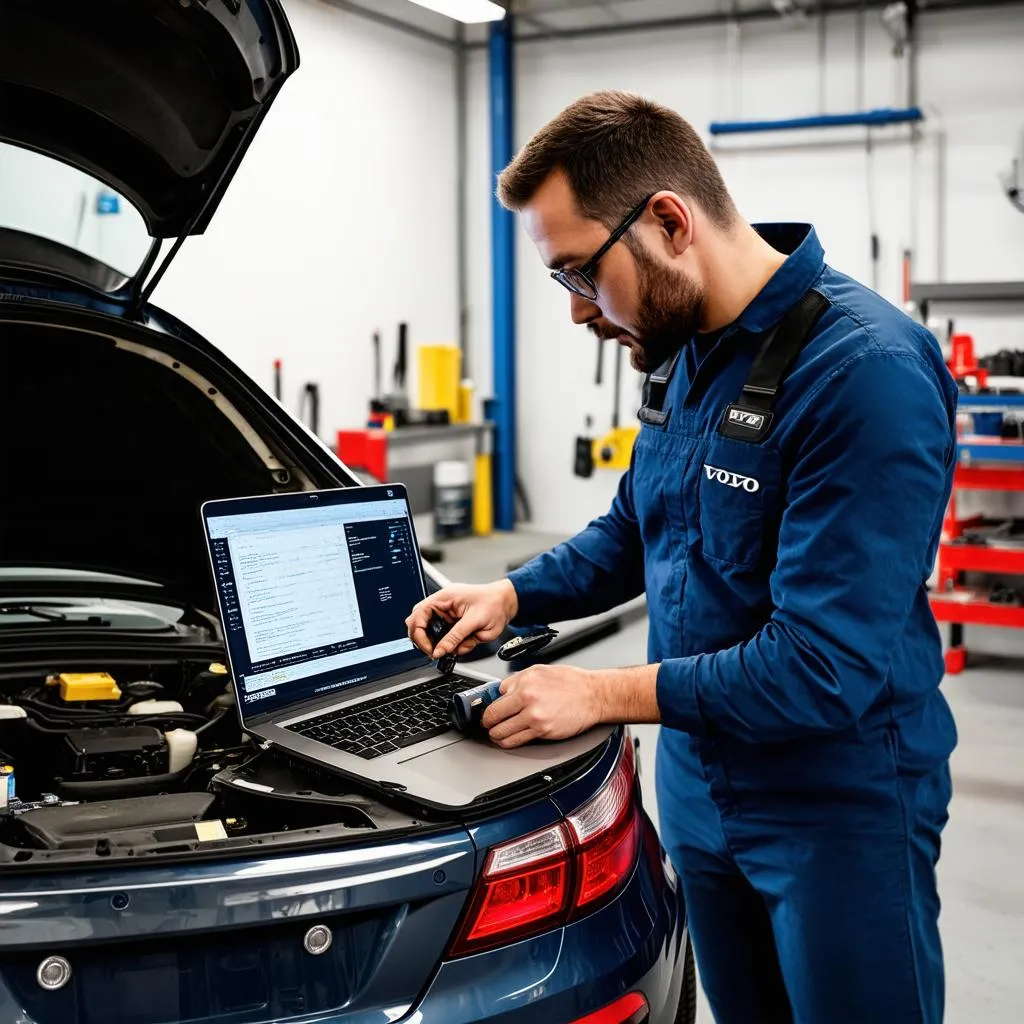 Mechanic working on a Volvo car in a workshop