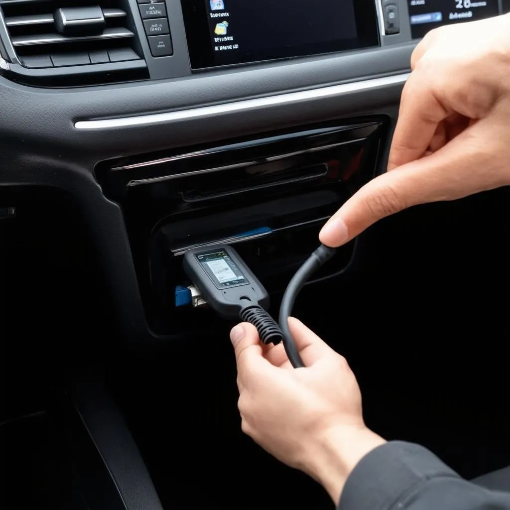 A hand plugging an OBD scanner into a car's port