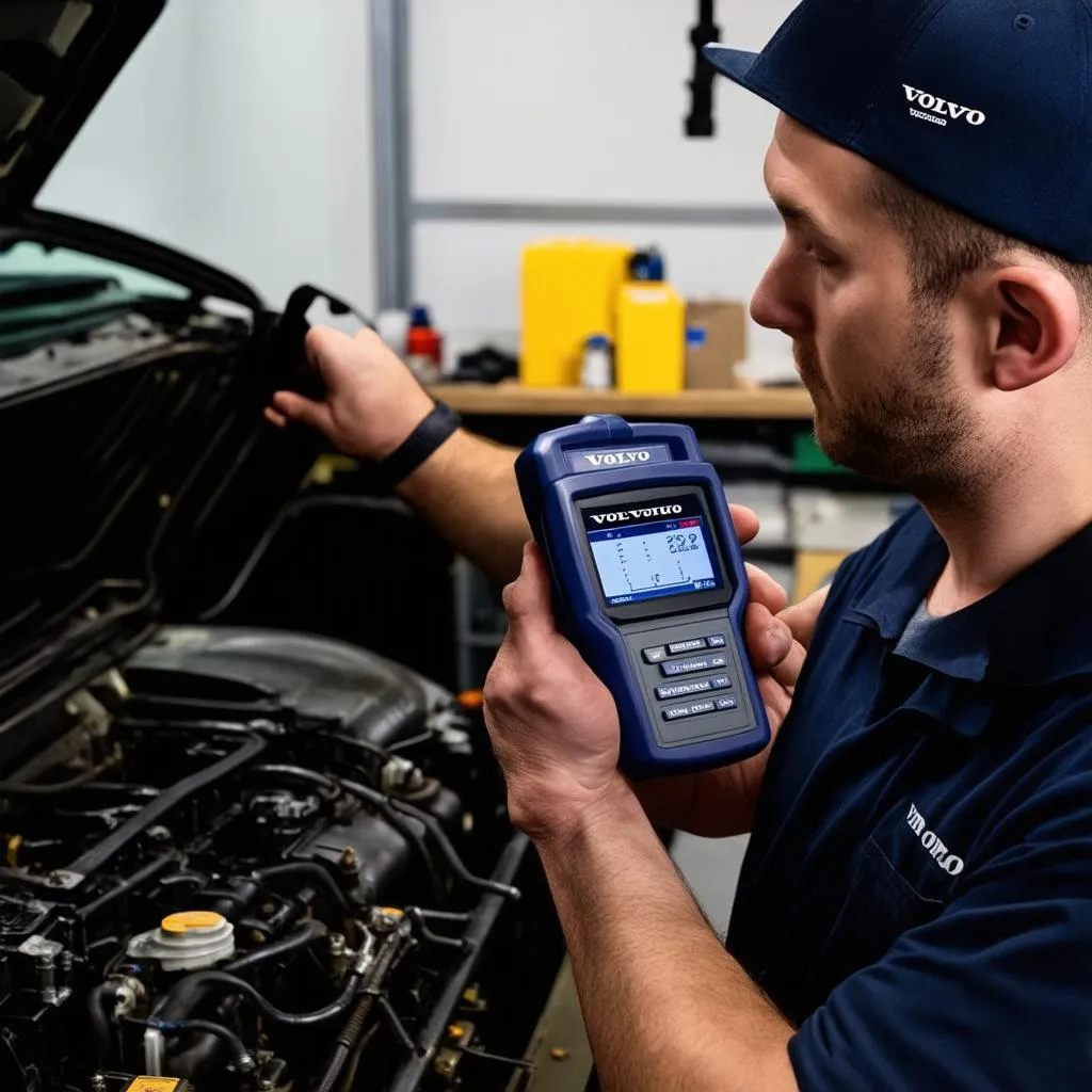 Volvo Truck Mechanic Using Scanner