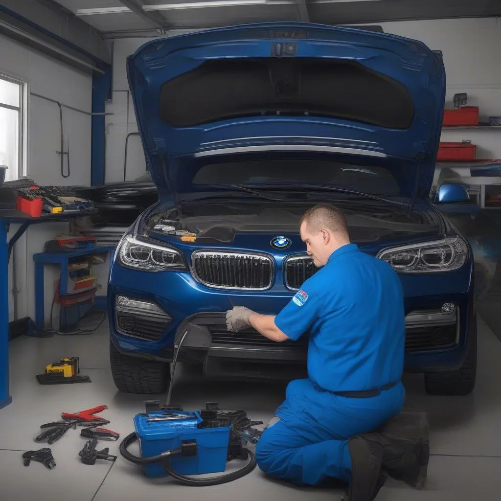 Mechanic using the connector on a BMW