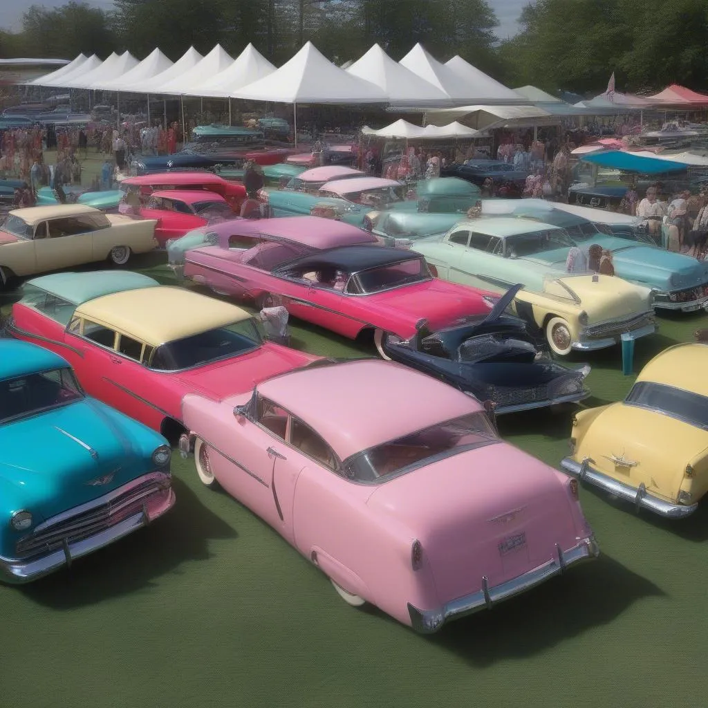 A vibrant car show showcasing a variety of classic 1950s cars in pastel colors.