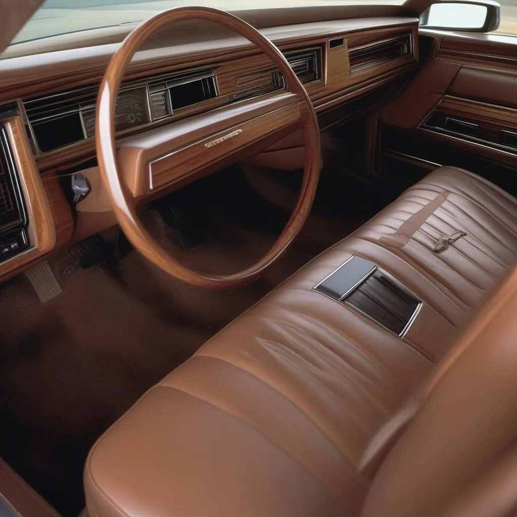 A close-up view of the wood accents on the dashboard of a 1979 Lincoln Town Car. 