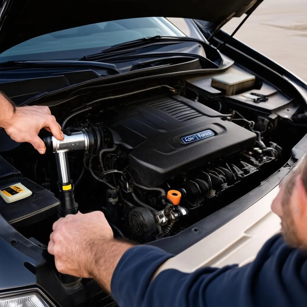 Mechanic inspecting engine bay of a Ford Taurus