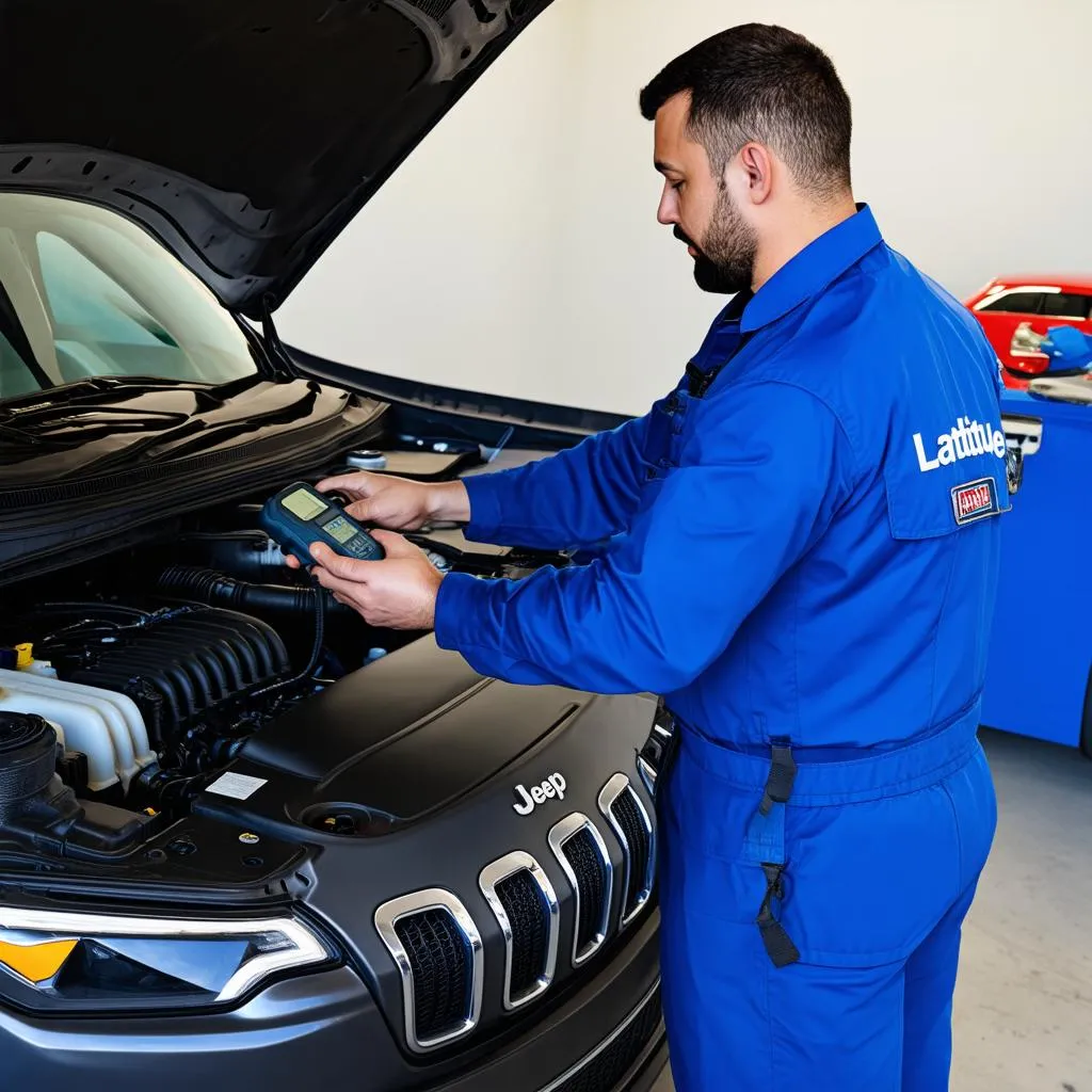 Mechanic inspecting a Jeep Cherokee