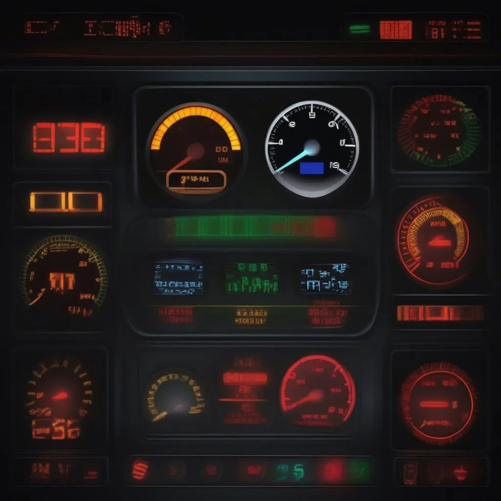 Car Dashboard with Warning Lights Illuminated