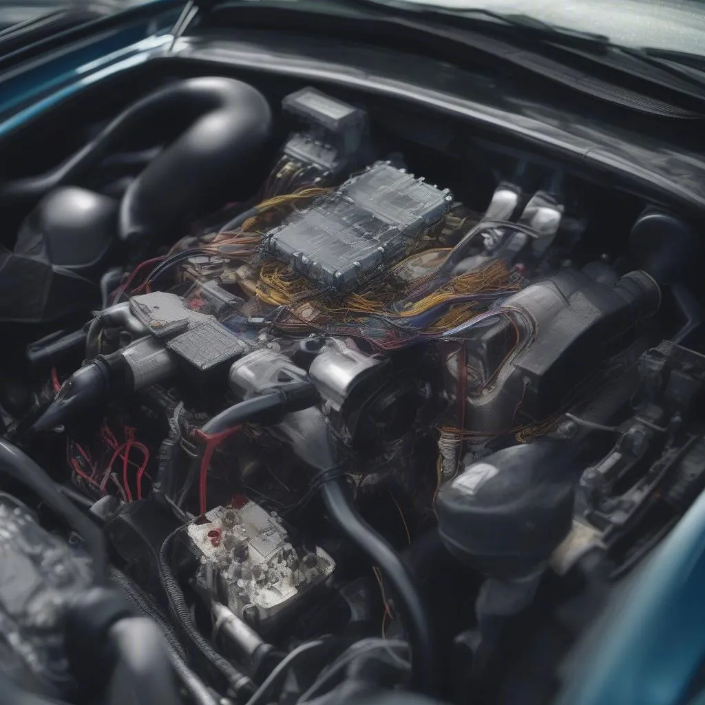 Close-up of a car engine highlighting various sensors