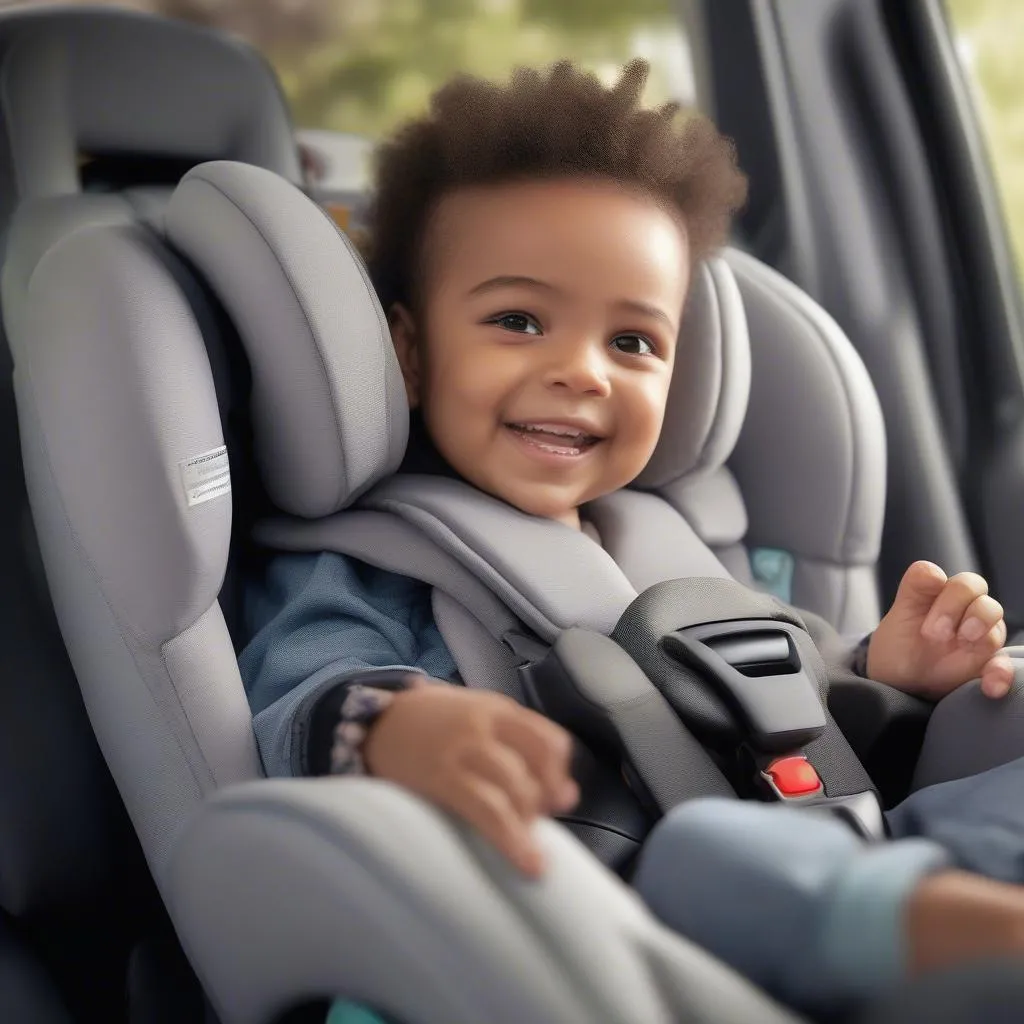 A happy child sitting in a properly installed Safety 1st Grow and Go Car Seat. 