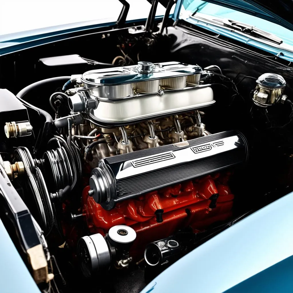 A close-up shot of a classic car engine.