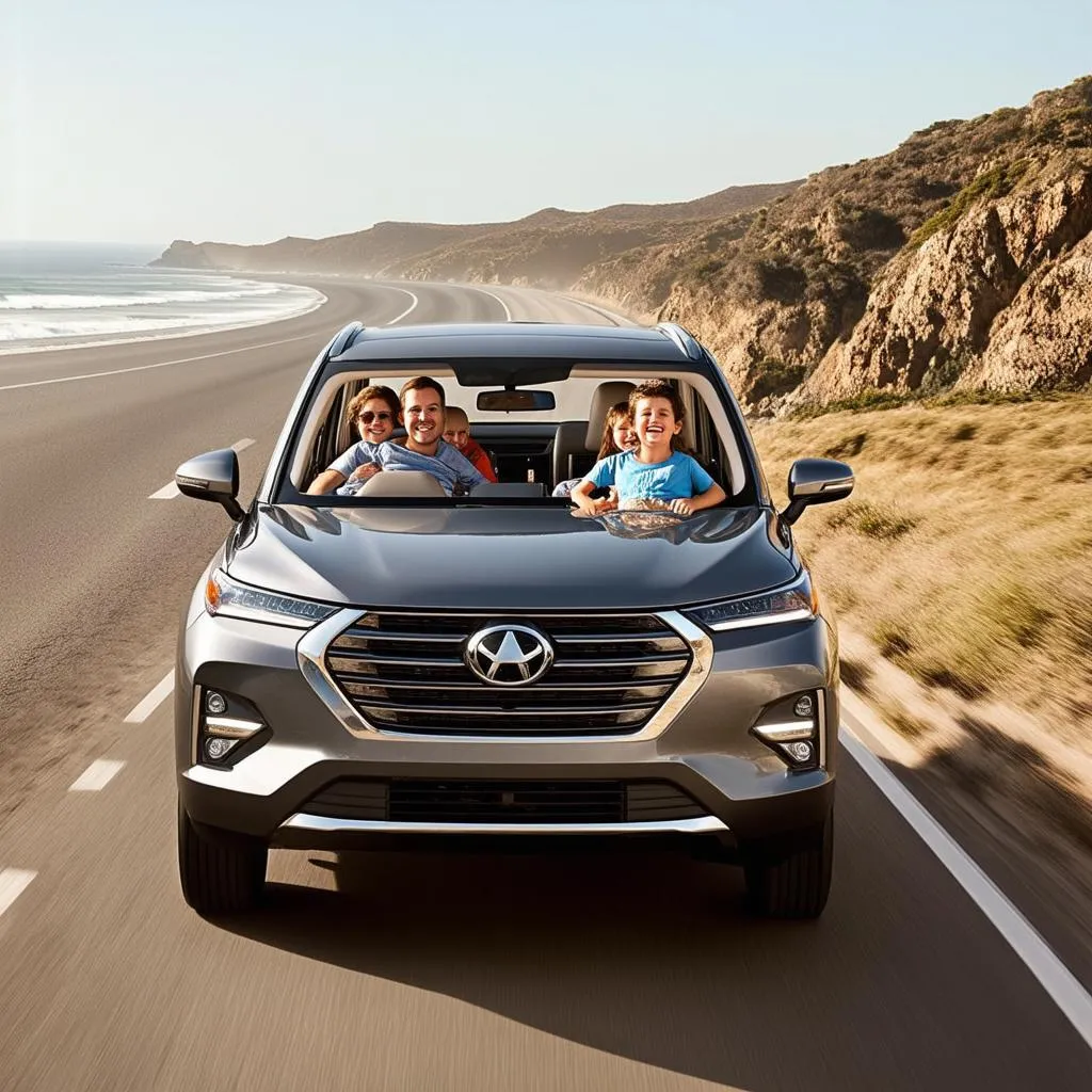 A happy family is driving down a scenic road in their new car