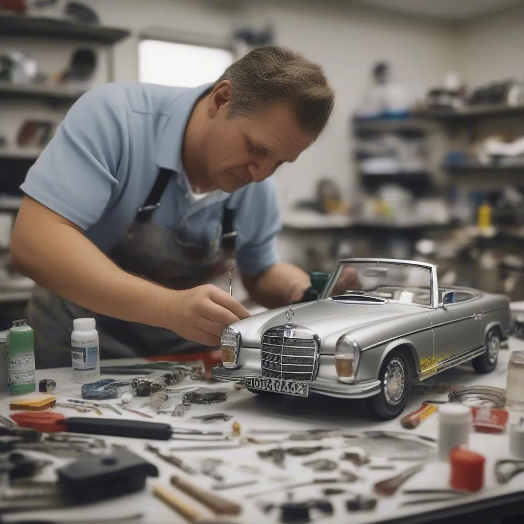 A man working on a Mercedes Benz model car kit at his workbench.