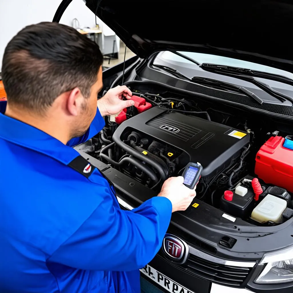 Mechanic inspecting a Fiat engine