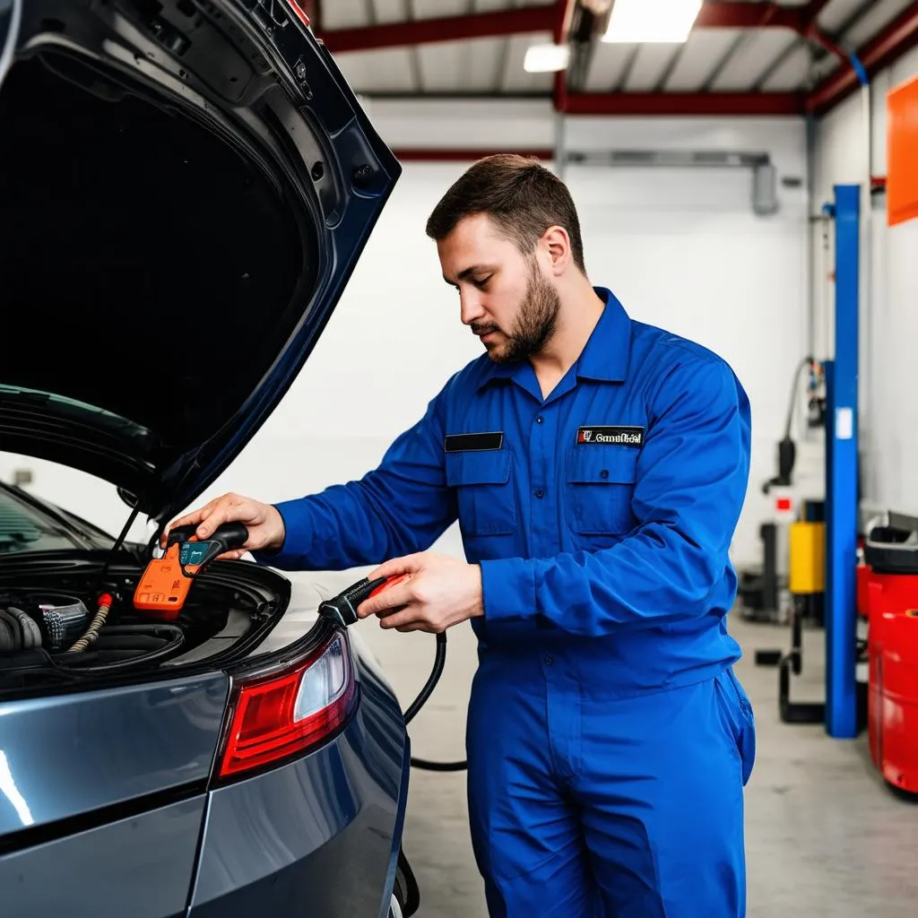 Mechanic using a diagnostic tool on a car in a modern repair shop