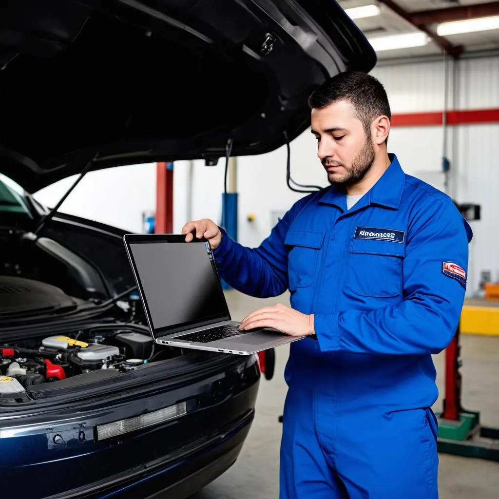 Mechanic using a laptop for car diagnostics