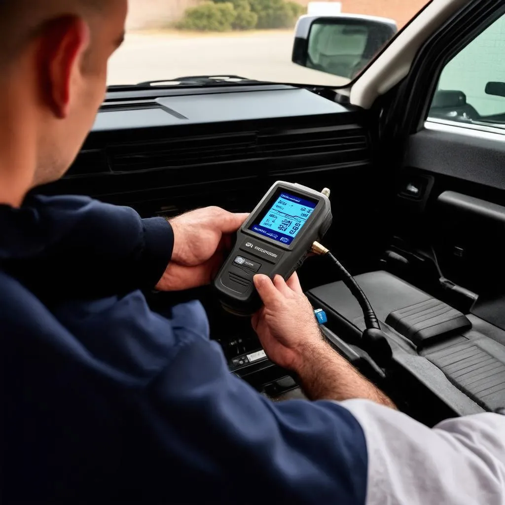 Mechanic Using OBD-II Scanner on Ford Expedition