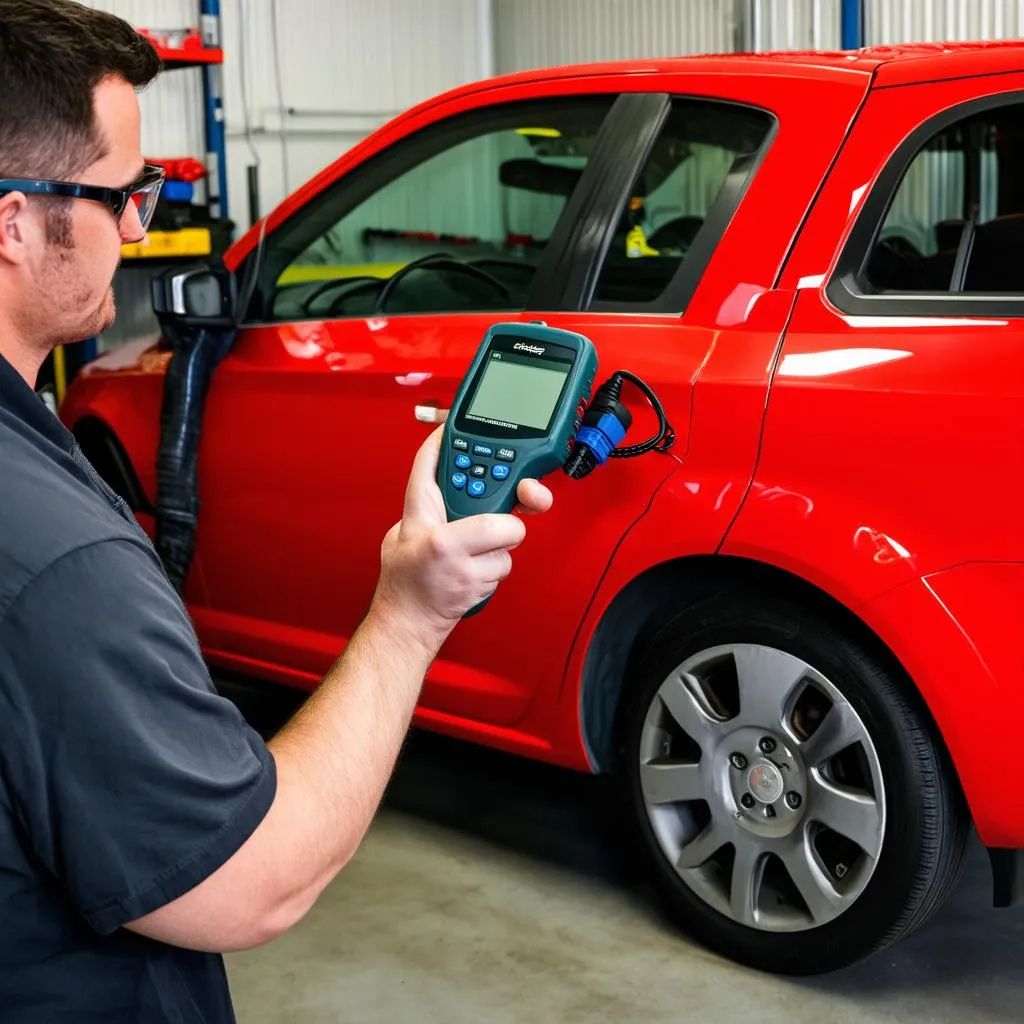 Mechanic using an OBD scanner on a Chevy Aveo