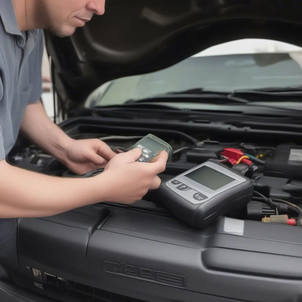 Mechanic Connecting OBD2 Scanner to Jeep Cherokee