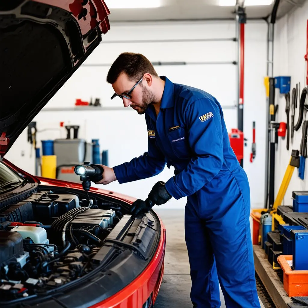 Mechanic Inspecting a Car Engine