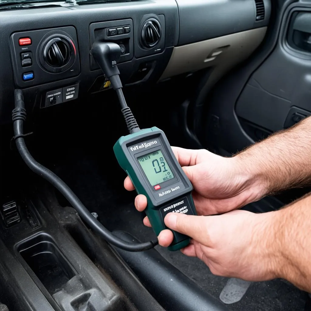 Mechanic using an OBD scanner on a Jeep Patriot