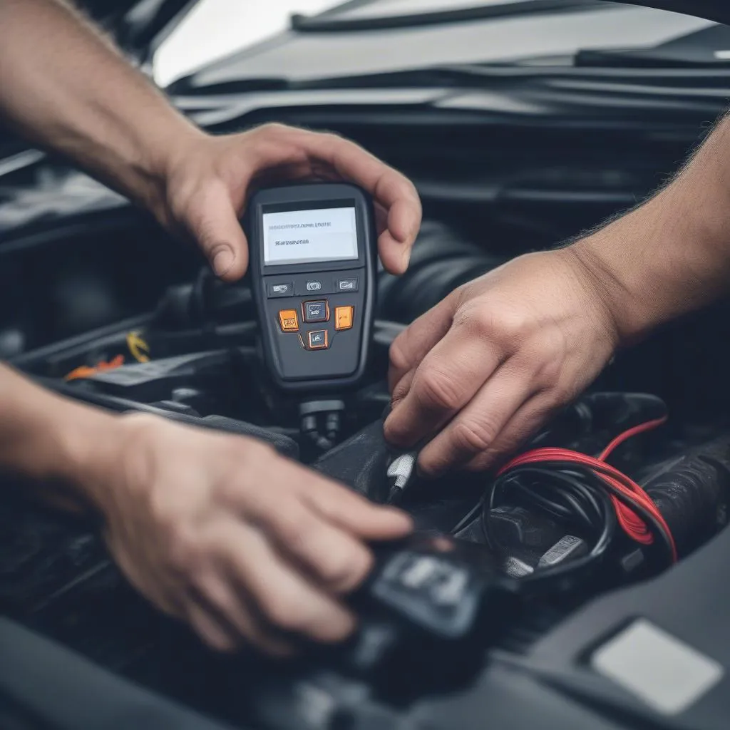 Mechanic plugging in an OBD2 scanner to a car