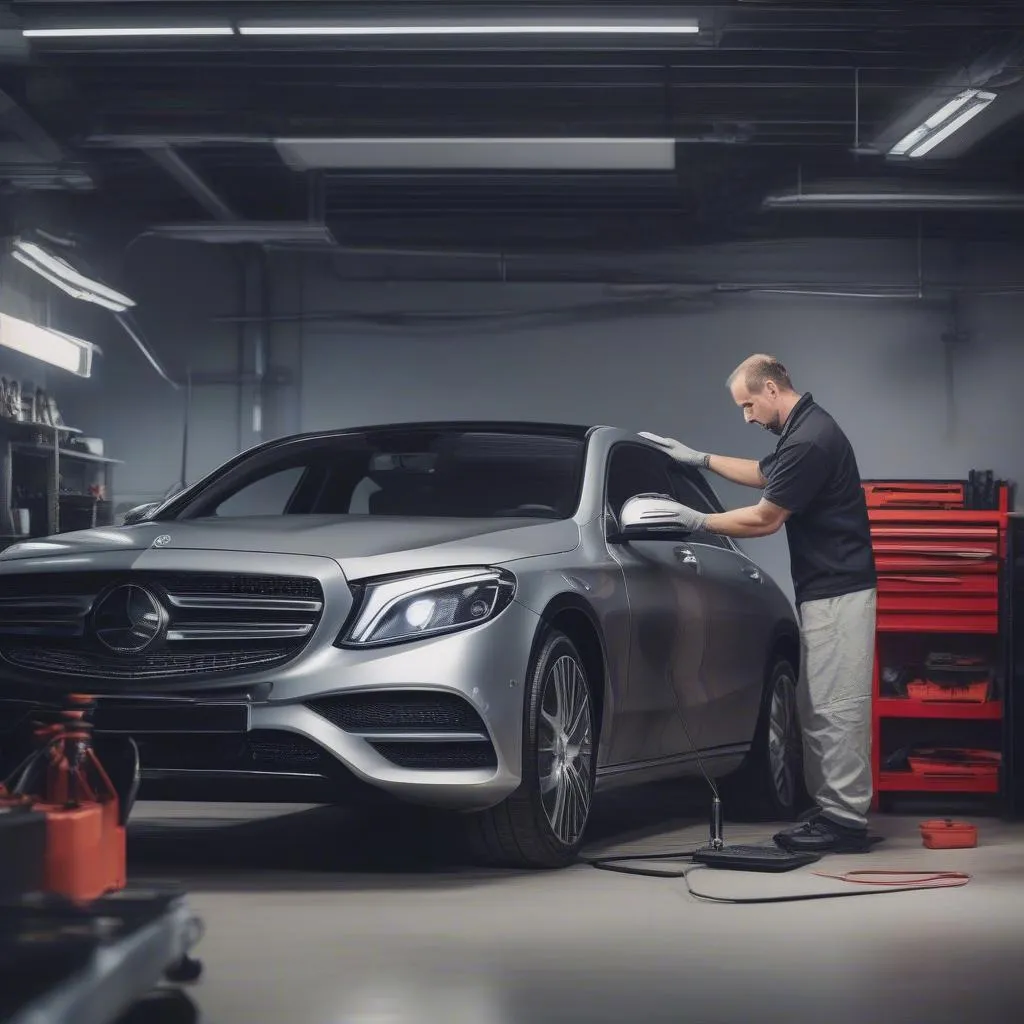 Mechanic using diagnostic tool on Mercedes-Benz