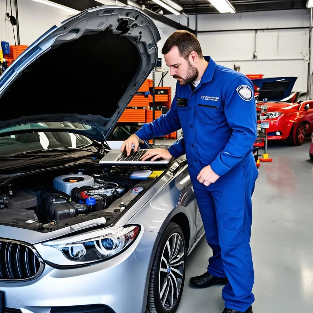 Mechanic using laptop to diagnose car issues in a repair shop