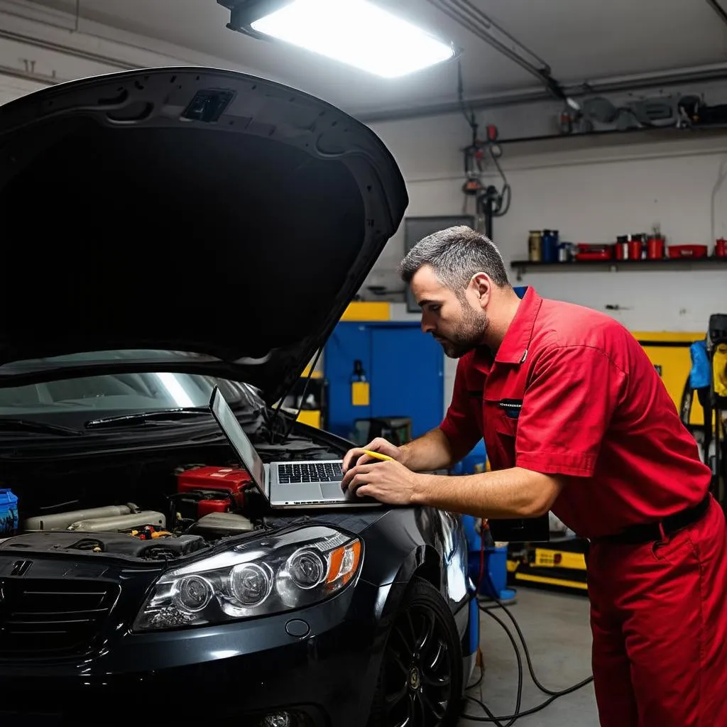 Mechanic Using Laptop for Diagnosis