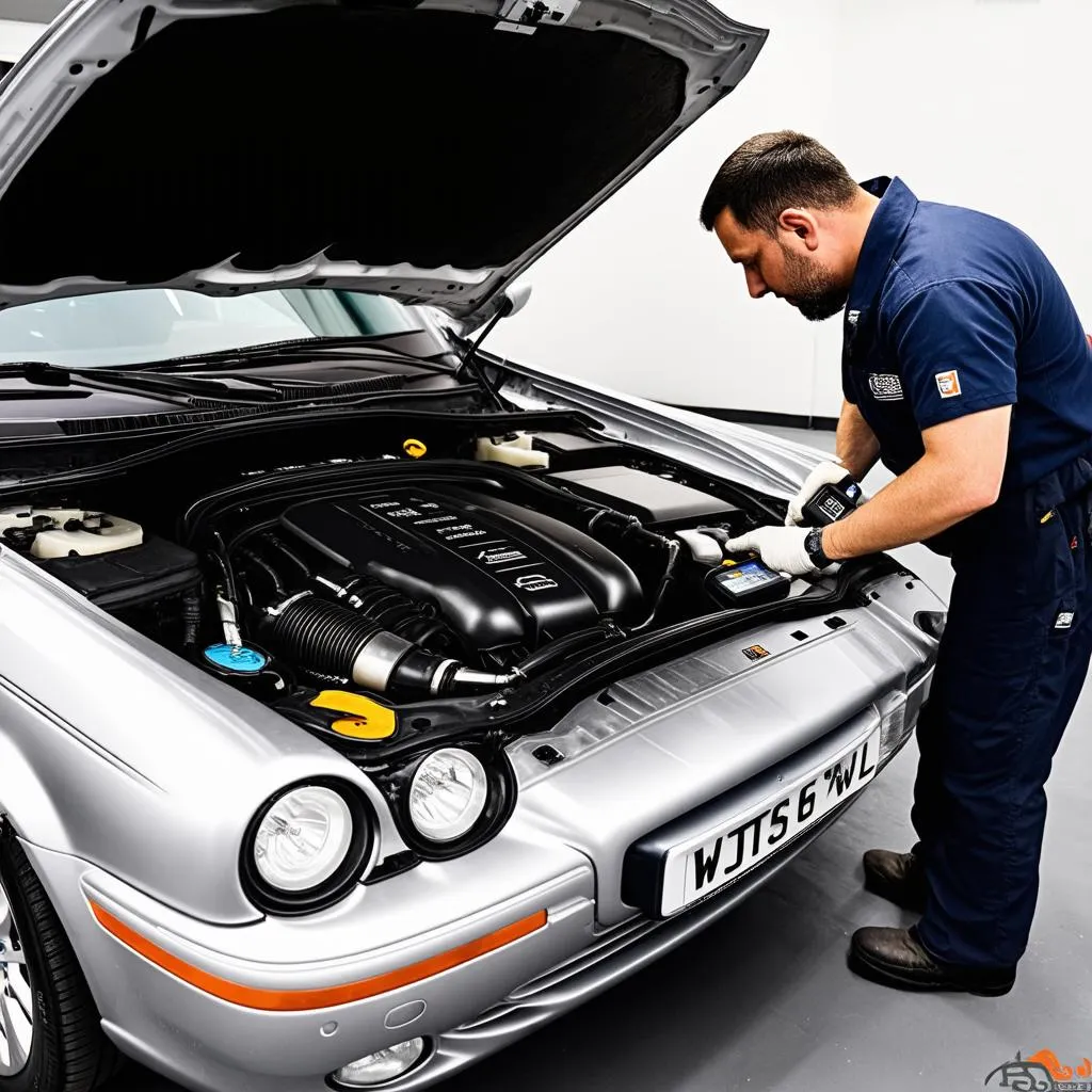 Mechanic Working on a Jaguar XJ8 Engine