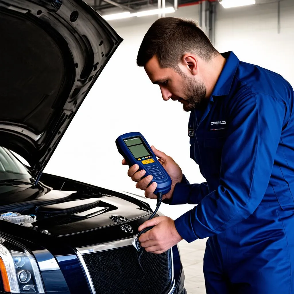 Mechanic Using a Diagnostic Scanner on a Cadillac