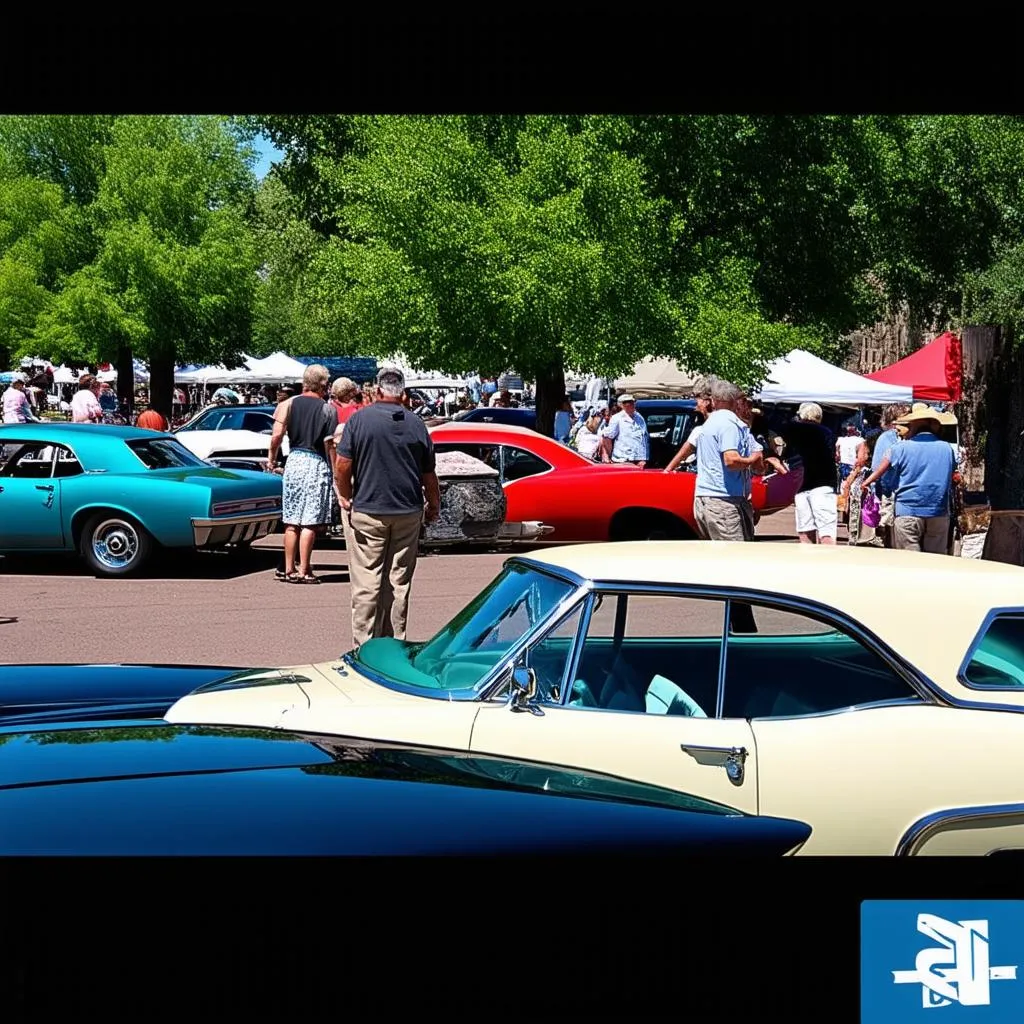 A bustling car show in Montrose with a diverse crowd admiring classic cars.