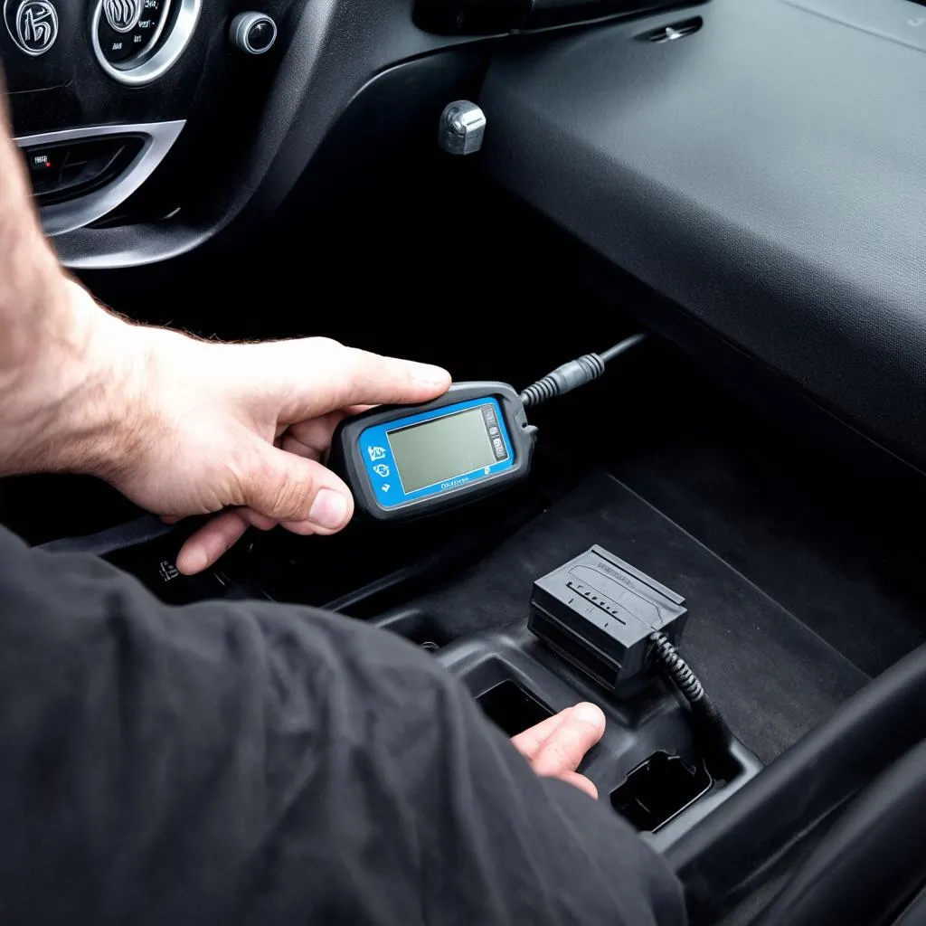 Mechanic connecting an OBD-II scanner to a 2009 Buick Lucerne