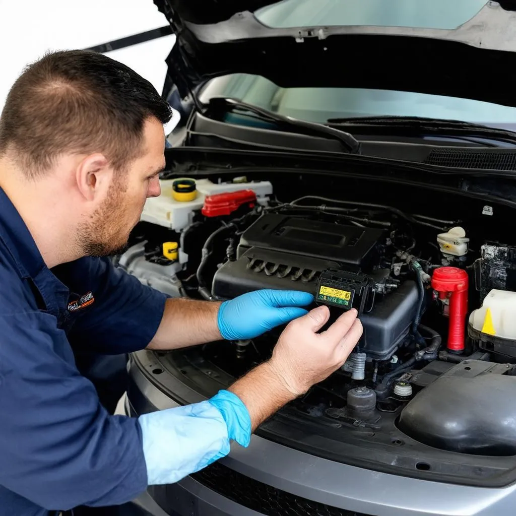 Mechanic inspecting car