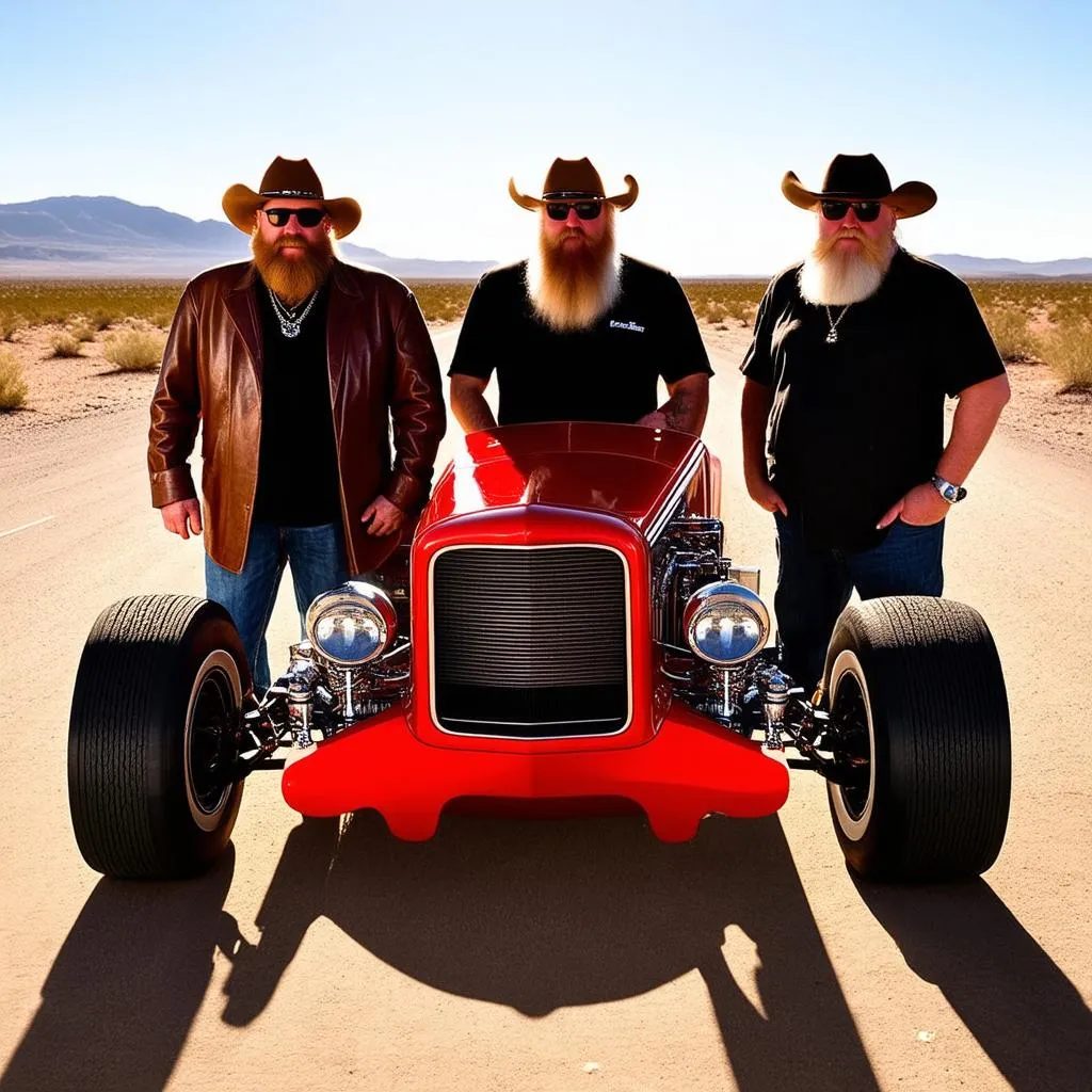 ZZ Top band members posing with their iconic Eliminator car.