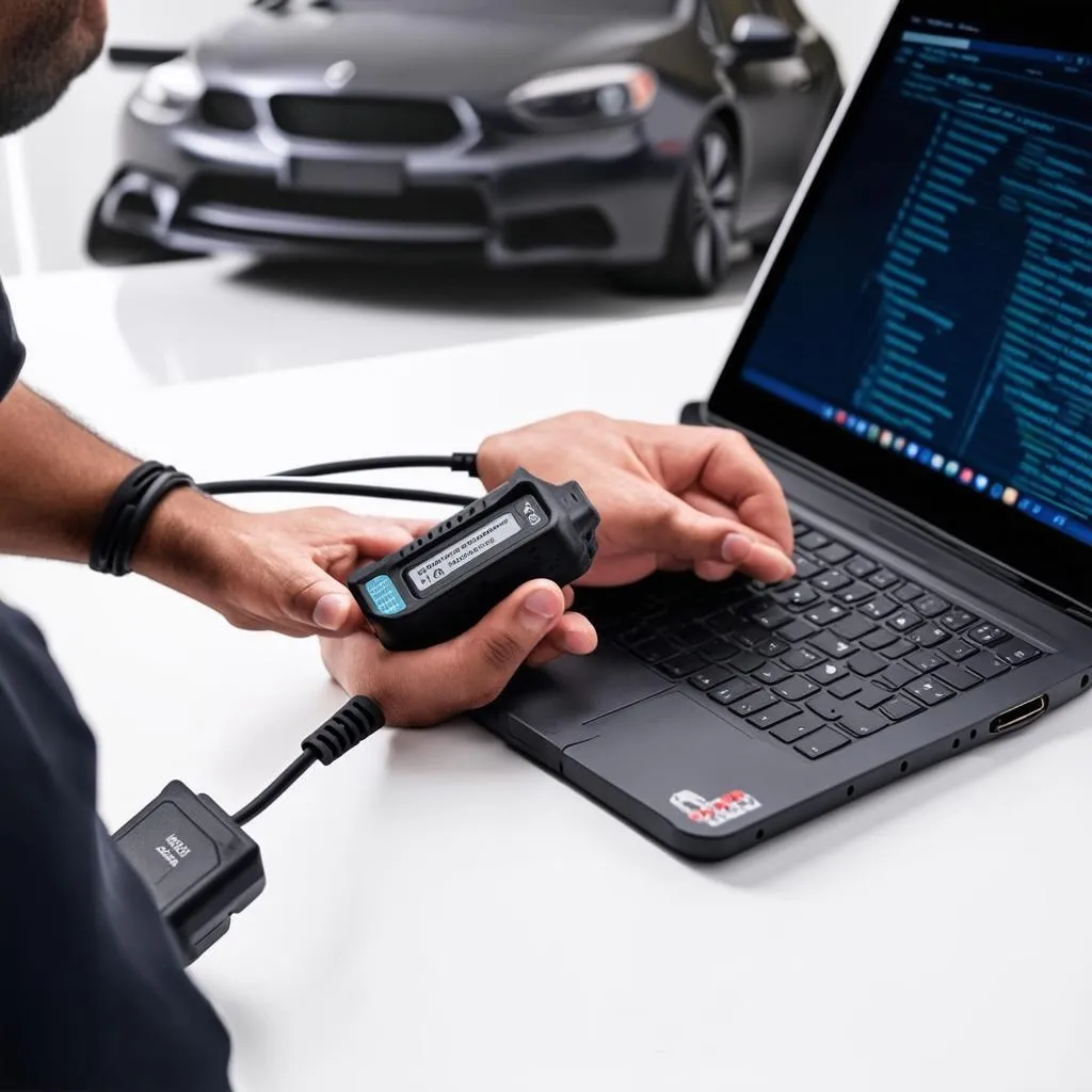 A technician using an adaptador universal OBD to diagnose a car