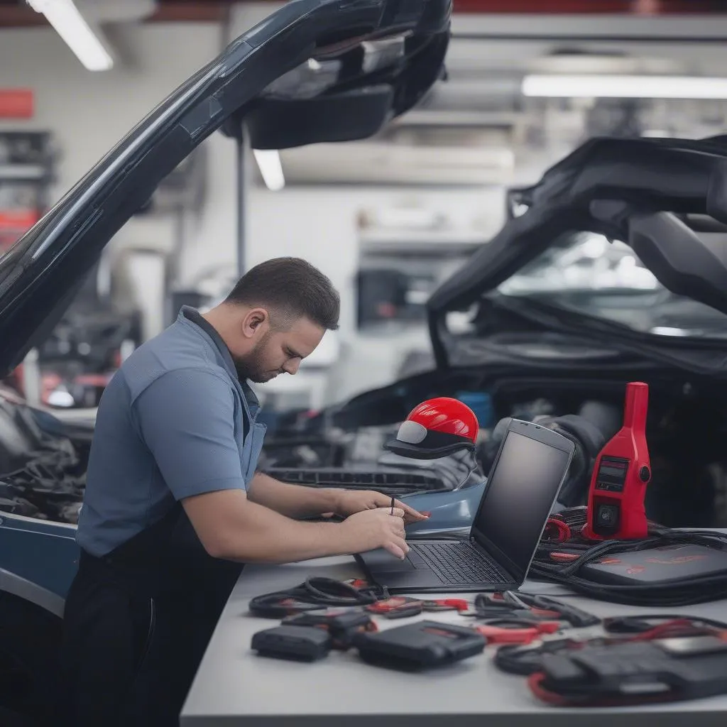 Alfa Romeo Mechanic Using Laptop