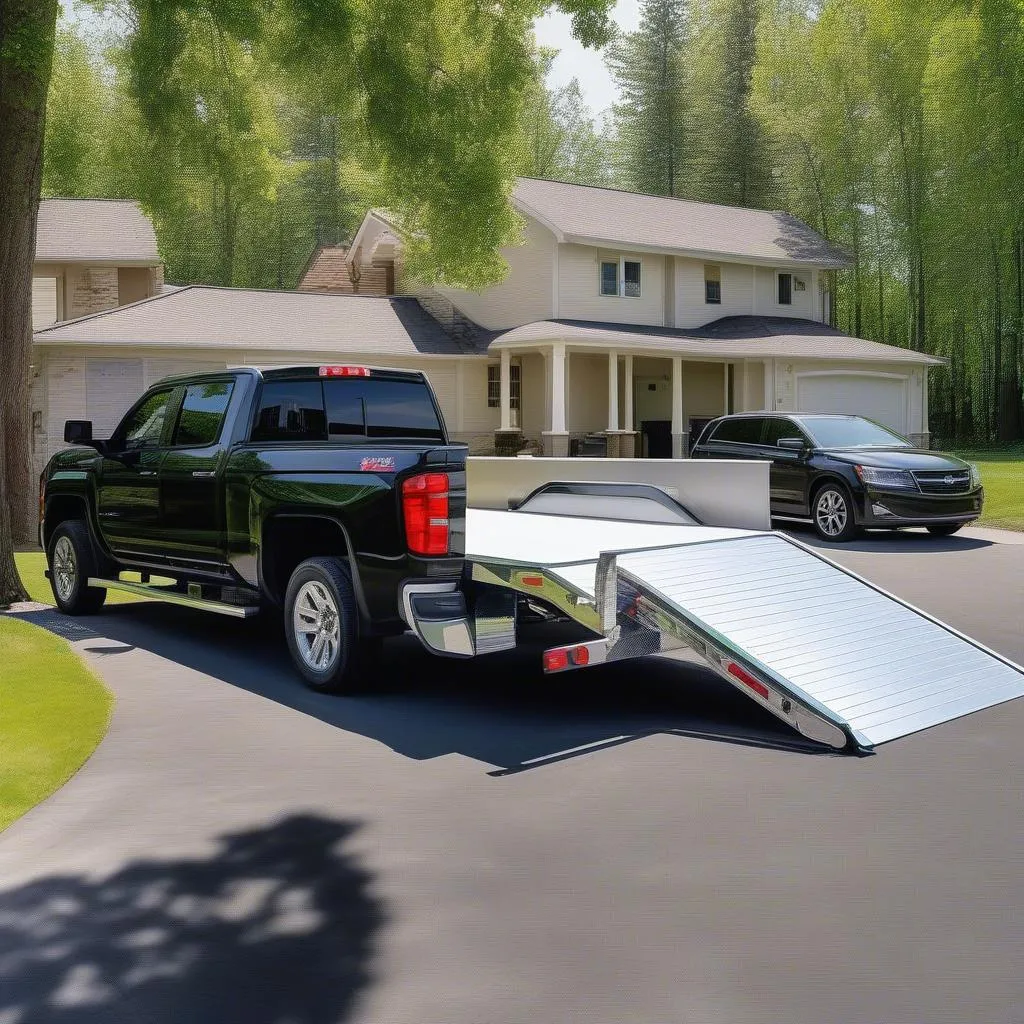 Shiny aluminum open car hauler trailer parked on a sunny day